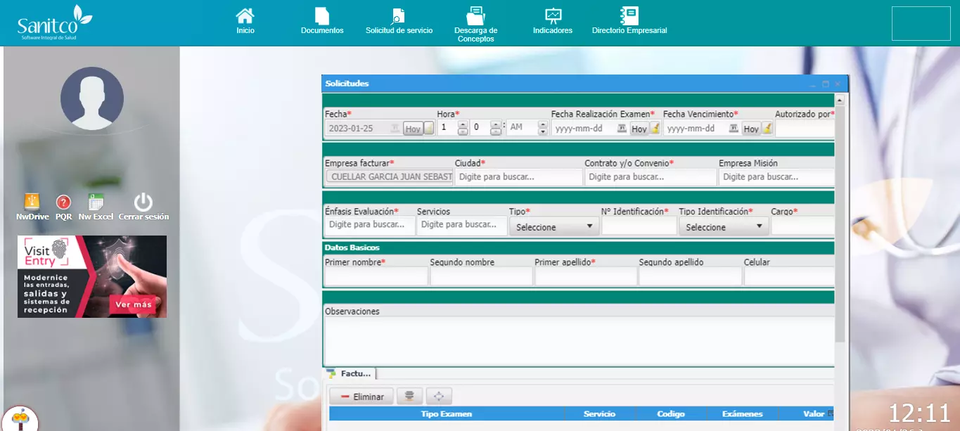 Módulo del cliente, gestión de conceptos, solicitudes, tarifas e informes.
